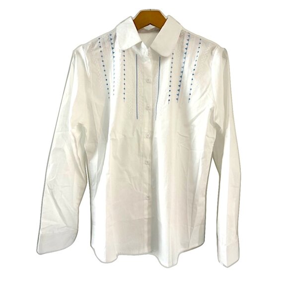 Tops - White Round collared blouse with Small Boho Embroidery